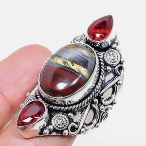 New Iron Tiger Eye and Garnet 925 Silver Ring.